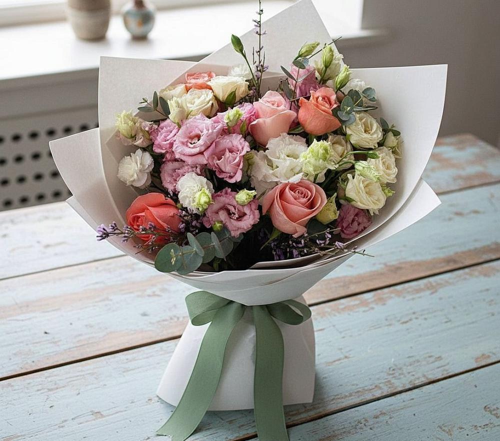 Букет цветов из: Розы, Лизиантусы и Гвоздики в Пролетарском Ставропольского края