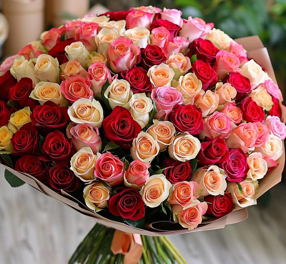 Букет 101 Разноцветная роза в Пролетарском Ставропольского края