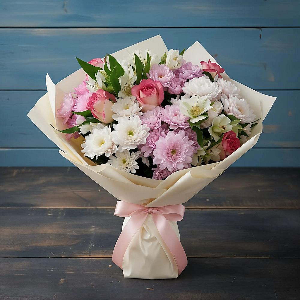 Букет цветов из: Хризантемы, Альстромерии и Розы в Пролетарском Ставропольского края